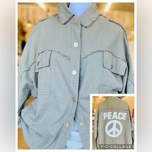 Davi & Dani sage PEACE embroidery shirt/jacket. Small, medium and large size.